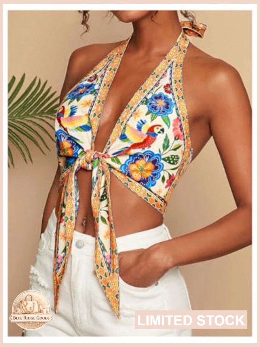Sleeveless Halter Crop Top with Tie Front Backless Beach Vacation Top - Picture 2 of 5